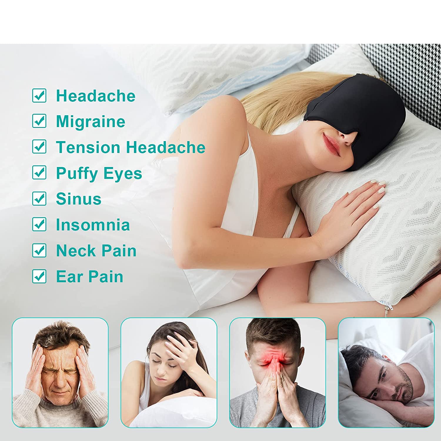 Headache Migraine Relief Gel Ice Eye Mask Physical Cooling Physiotherapy Cold Cap Soft and Flexible Cooling Sleep Mask Apply to Sinus Tension Stress Anxiety Puffy Eyes as Relaxation Gifts for Women and Men