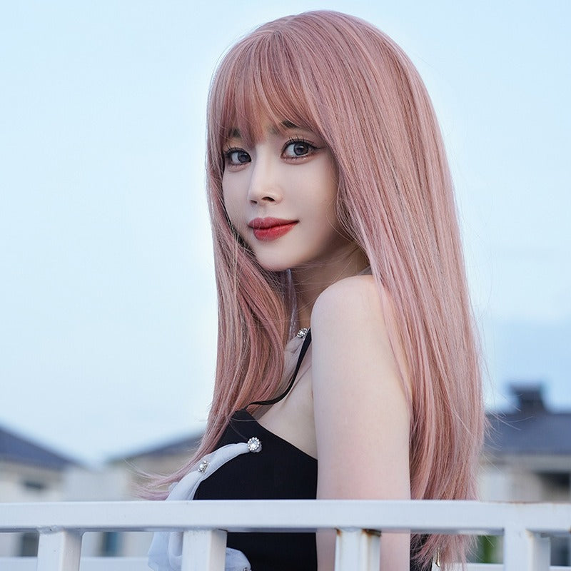 Wig Female Long Hair Full Head Set Type Net Red Long Straight Hair Air Bangs Pink Wig Set Fashion Wig